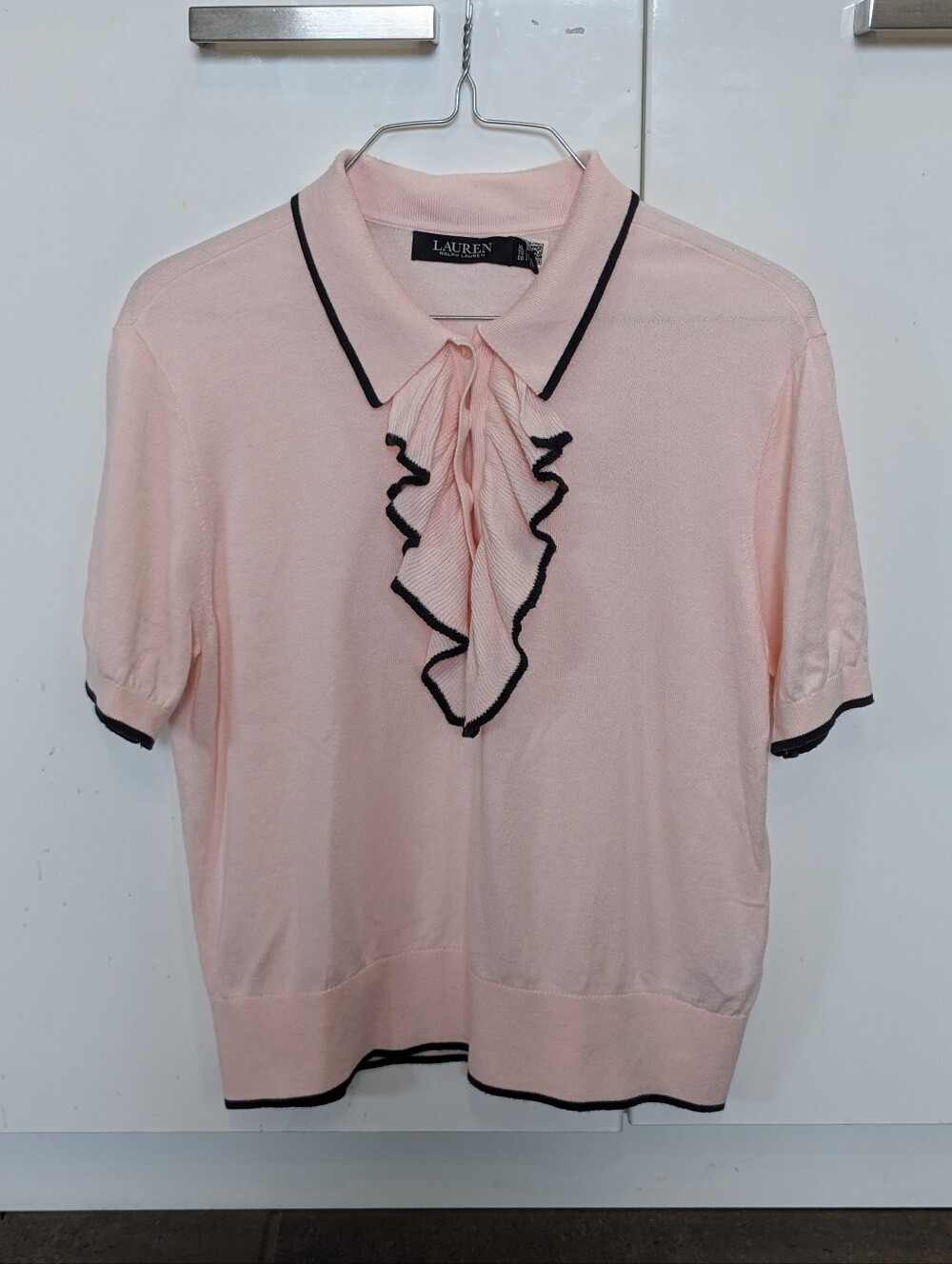 Lauren Ralph Lauren Two Tone Ruffle Pullover Polo Sporty Chic Knit Top Size XL